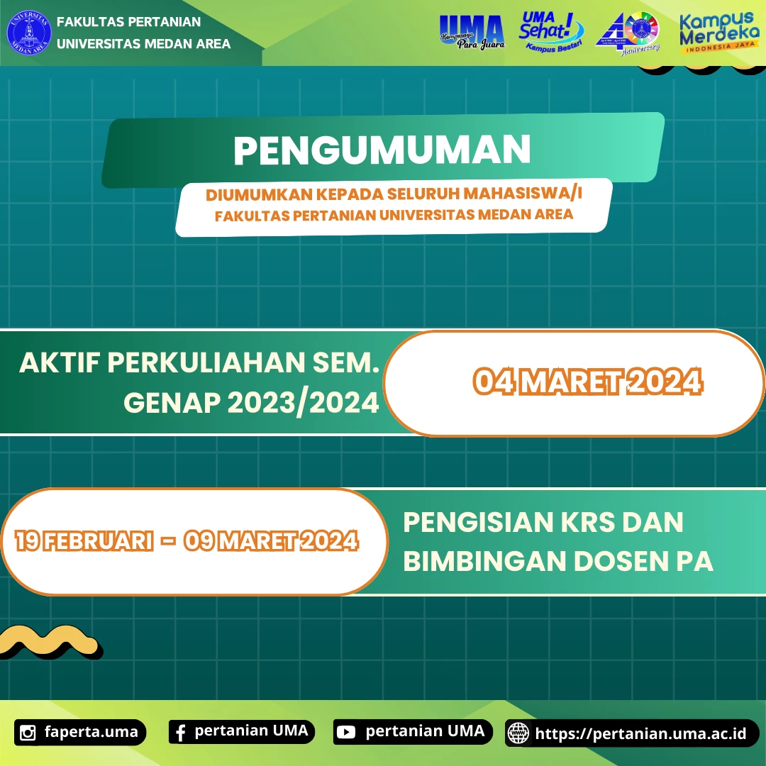Pengumuman Kepada Mahasiswa Fakultas Pertanian Universitas Medan Area Mengenai Jadwal Pengisian KRS 2023/2024 Genap